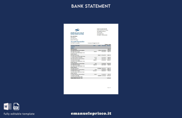 modello Excel di estratto conto bancario JCB della Jordan Commercial Bank in sti